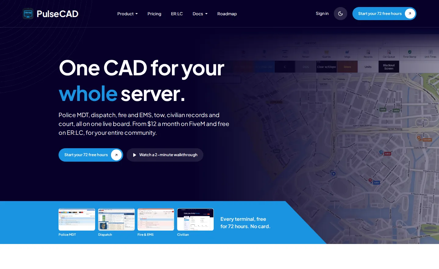 PulseCAD homepage with dispatch map