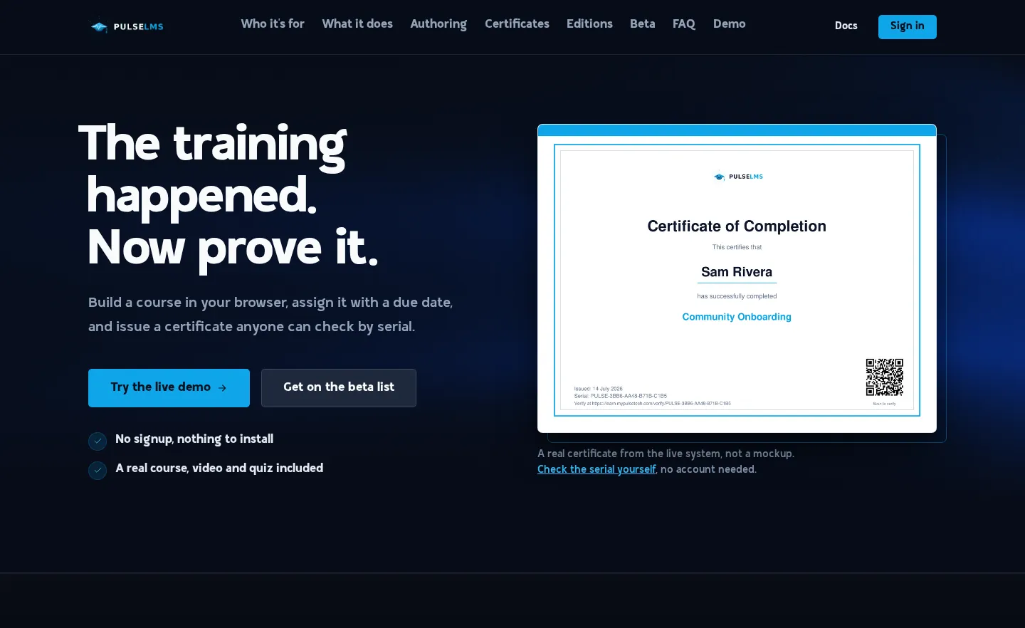 PulseLMS homepage with a sample certificate